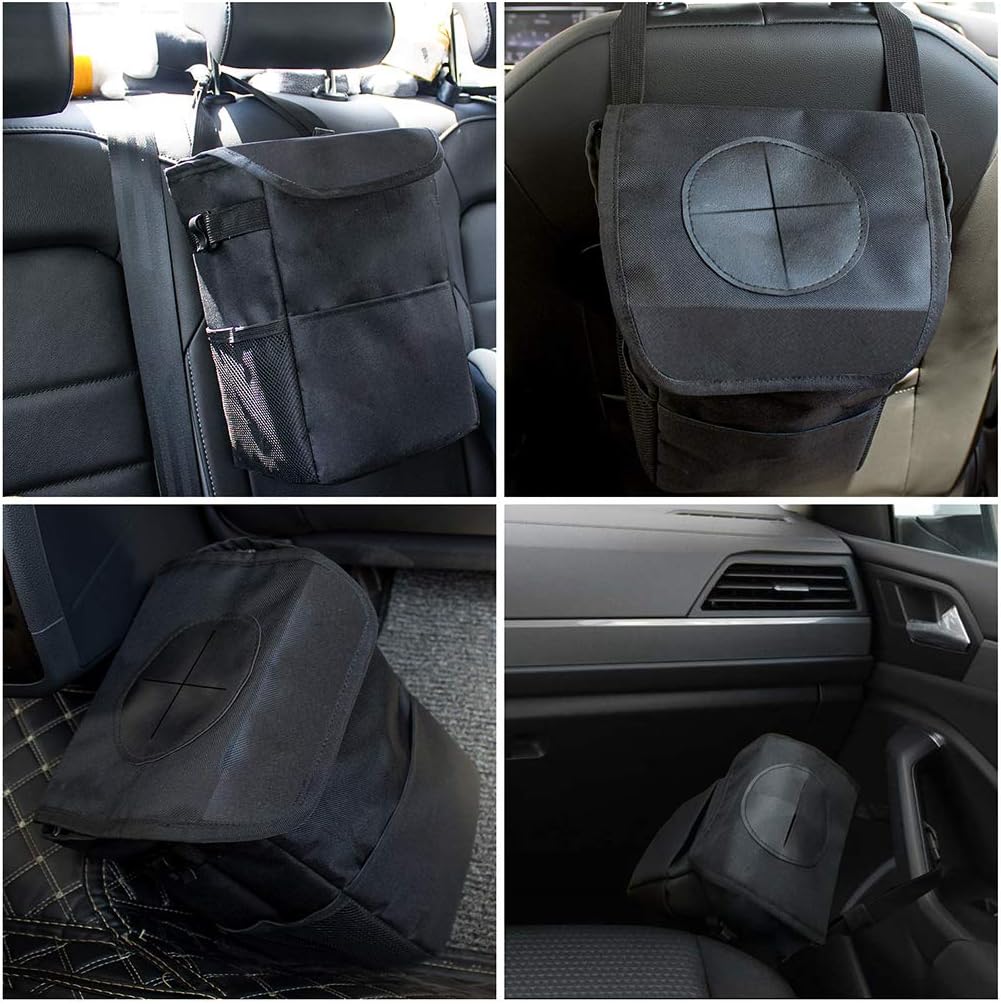 Car Trash Garbage Can with Lid and Storage Pockets, Hanging Leak Proof Car Trash Bin Container Bag, Large Capacity Black Thick Fabric (Black, 11.4x9.5x5.9)