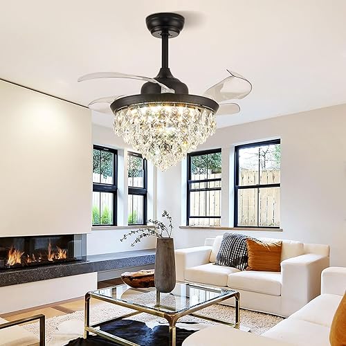 Miniatura 5 de Ventilador de araña de cristal de 36 pulgadas con luz y control remoto, ventilador de techo de cristal LED regulable, moderno motor silencioso para
