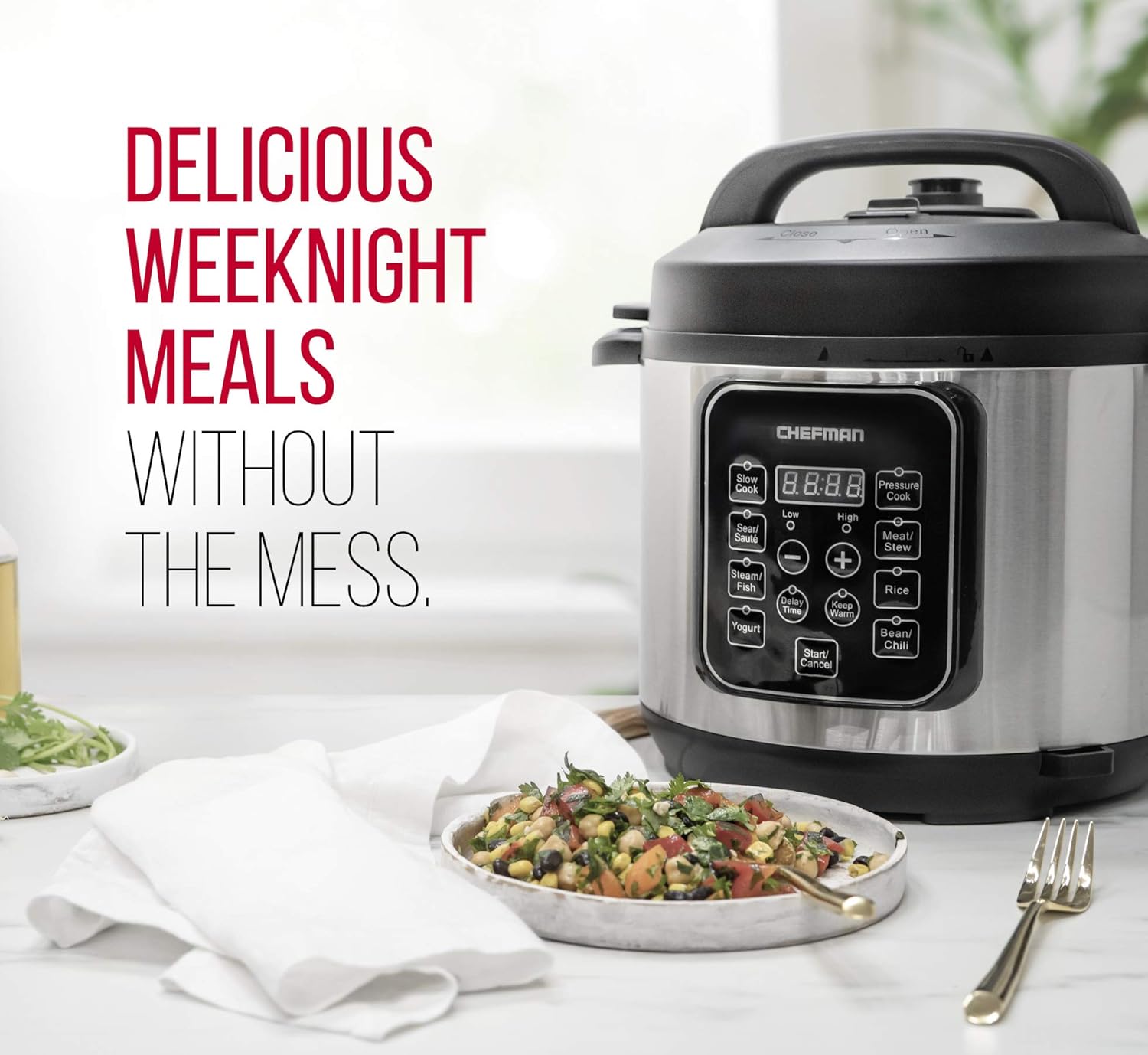 Chefman 6 Quart Electric Multicooker disassembled showing included accessories