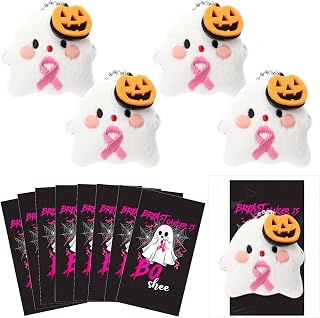 Hotop 24 Sets Breast Cancer Awareness Ghost Plush Keychains, Halloween Boo Pink Ribbon Gifts with Cards Bags for Women Breast Cancer Party Favors Support Giveaways Events Teams