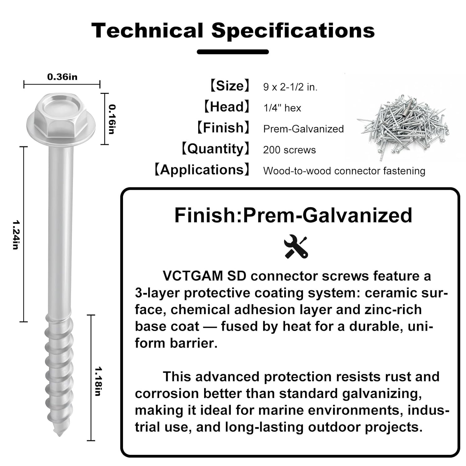 VCTGAM® SD Connector Screws SD9212R200 – 9 x 2-1/2", 1/4" Hex Head, Structural Framing Joist Hanger Screws, Prem-Galvanized High-Strength Corrosion & Deformation Resistant Wood Screws, (200-Qty)