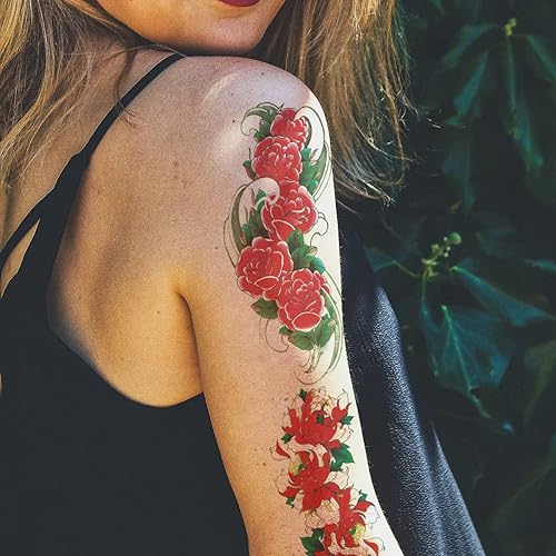 Miniatura 4 de Oottati 8 hojas de tatuajes temporales de flores de brazo - loto rosa roja para hombres y mujeres