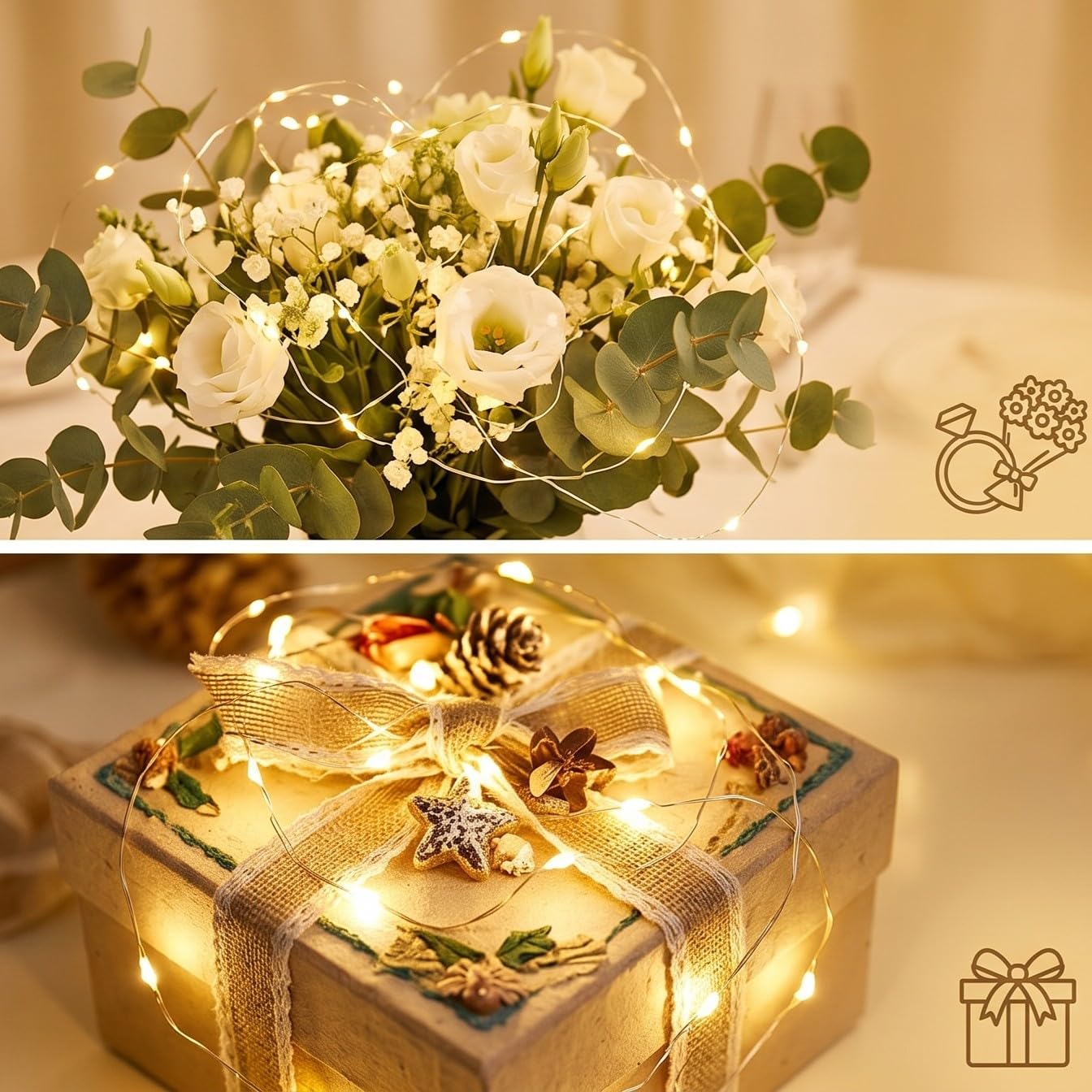 Paquete de 24 luces de hadas funcionan con pilas de 2 m, 20 luces LED de alambre plateado, luces estrelladas para bricolaje, bodas, fiestas, festivales, Halloween, Navidad (blanco cálido)