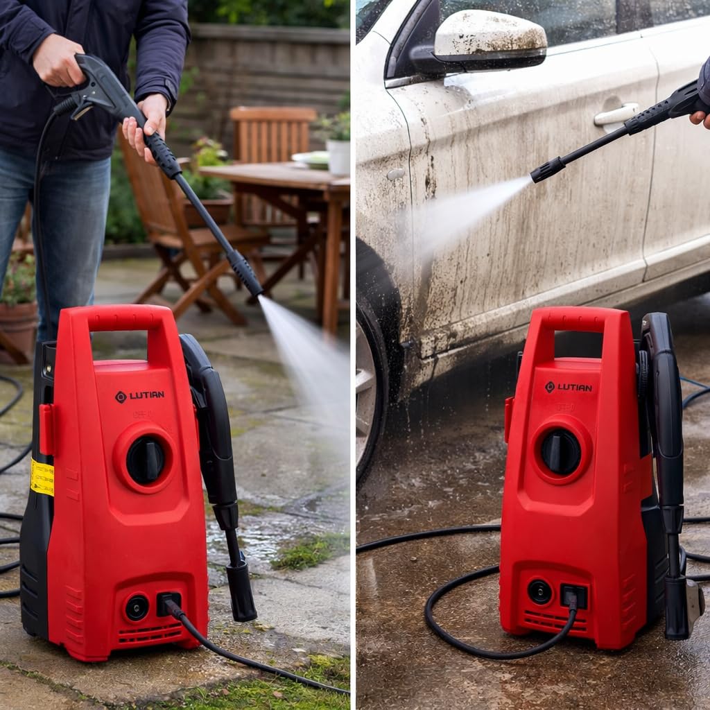 Split image showing Sulfar Lutian High Pressure Washer 1400W cleaning a patio and a car