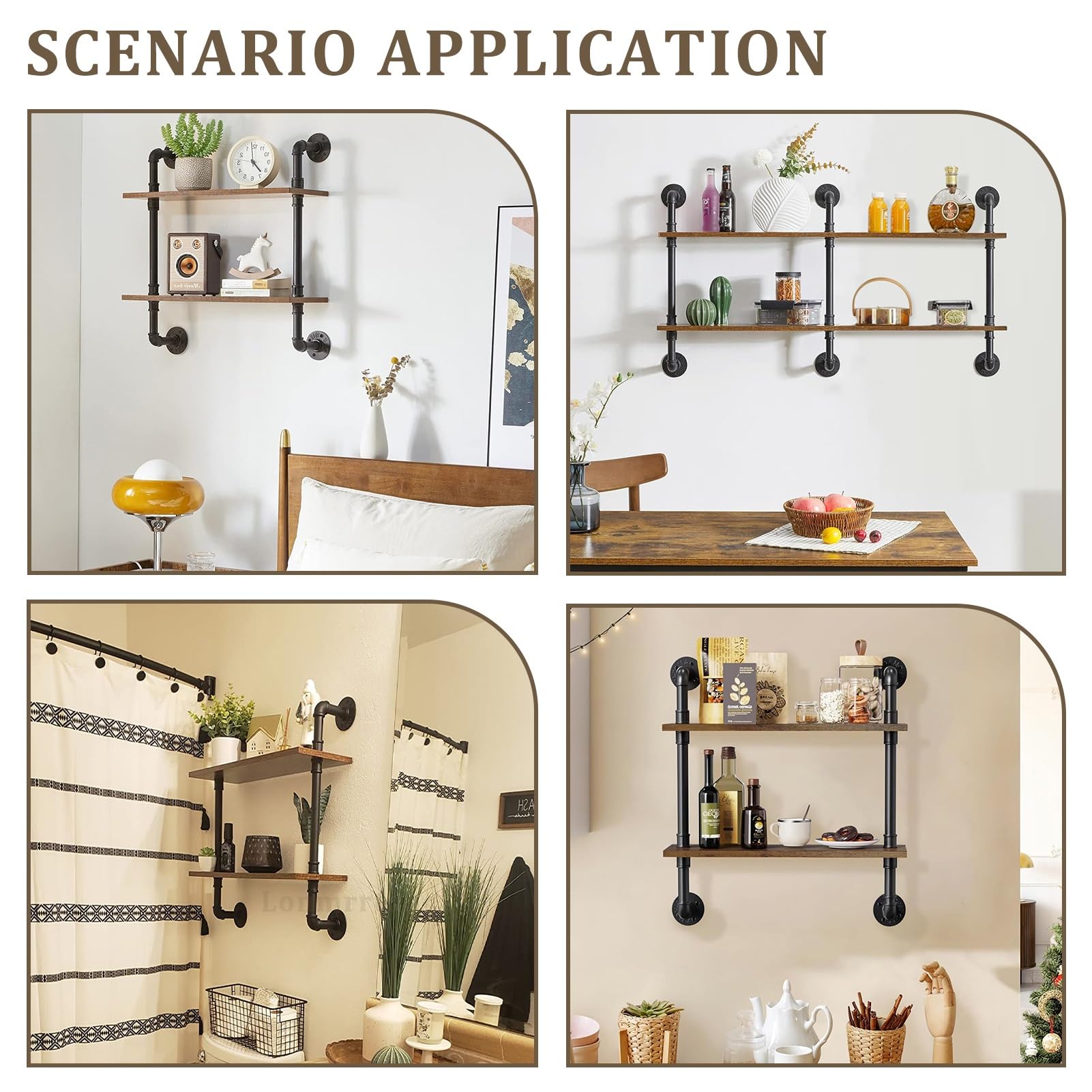Industrielles Rohrregal, Badezimmer, Küche, schwebendes Lagerregal, Ausstellungsregal, Wandmontage, Regal für Wohnzimmer, Schlafzimmer, 2 Etagen, Holzregal, Schwarz (80 x 25 x 65 cm)