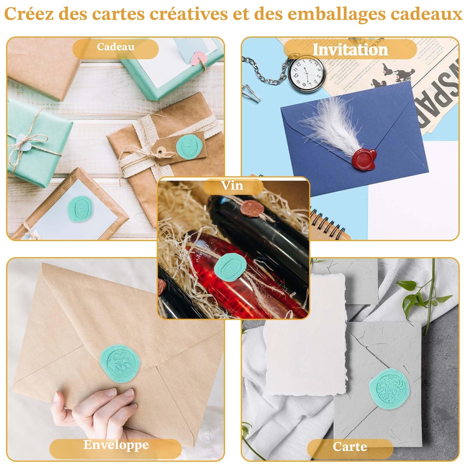 Kit de cachets en cire classiques avec manche en bois, lot de 10