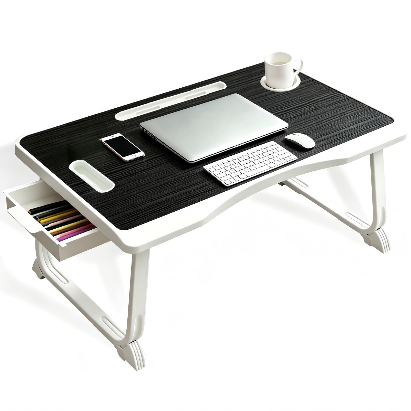 Laptop Bed Desk, Bed Table with Foldable Legs, Cup Slot, Drawer, for Laptop, Reading, Writing, Eating & Watching Movies on Bed, Sofa, or Floor, Office and Home (Black)