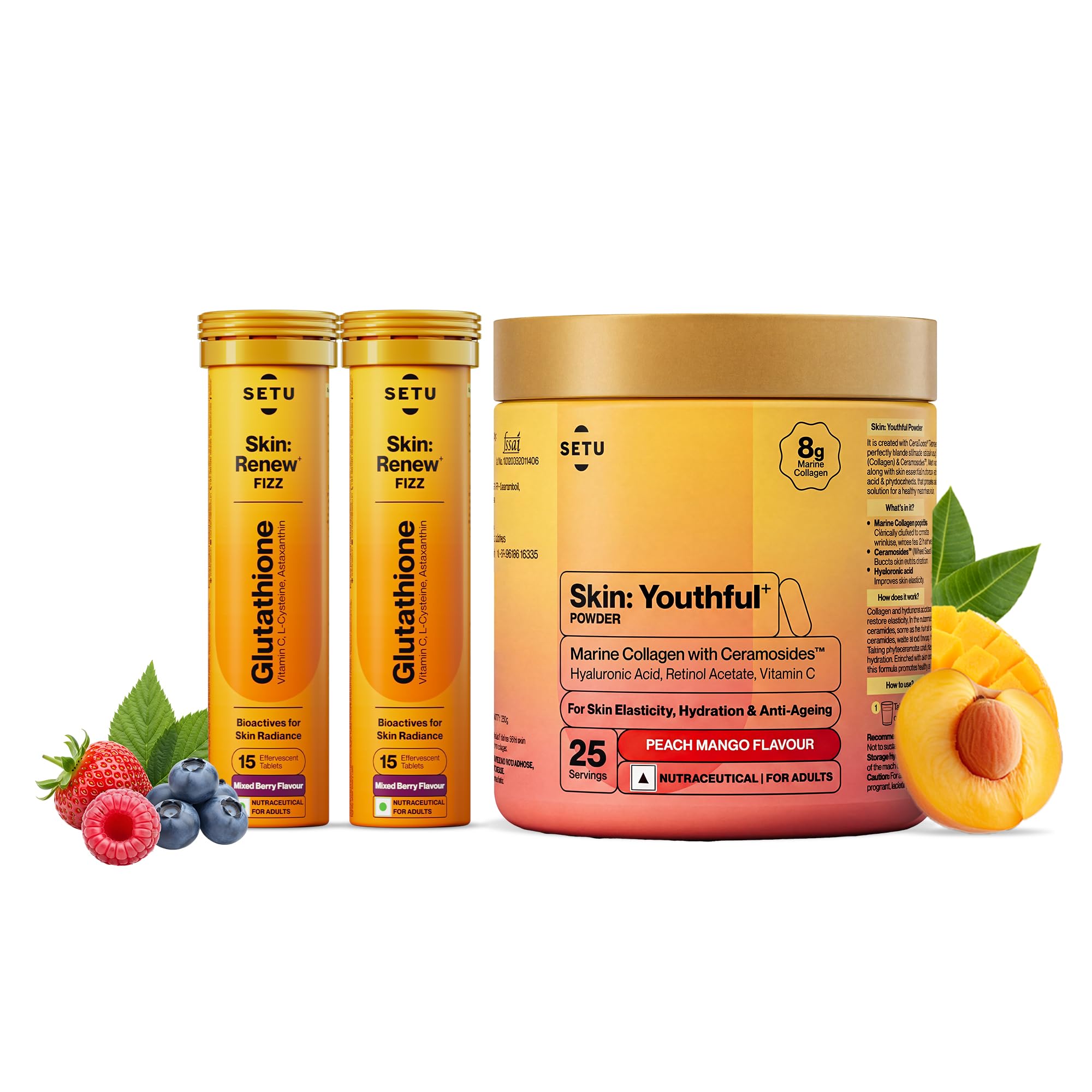 Setu Skin Renew Glutathione Fizz 30 Tablets for Skin Glow (Mixed Berry, 30 Tablets) & Brightness with Skin Youthful Marine Collagen Powder (Peach Mango,250 g) | Fight Fine Lines & Wrinkles | Powered by Master Antioxidant Glutathione | Promotes Radiant Skin | Skin Supplements for Women & Men (Combo Pack)-image-36