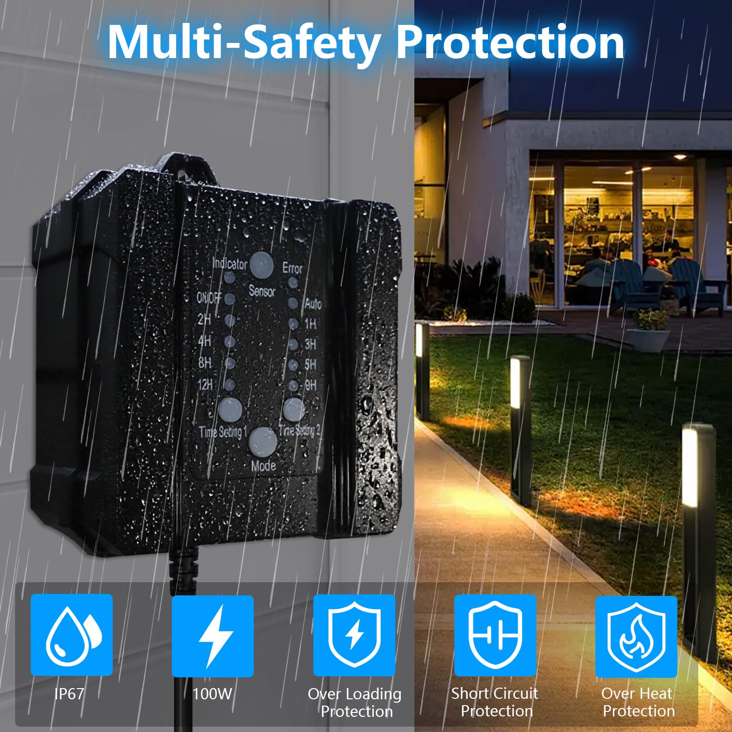 100W Low Voltage Landscape Transformer, Blusun Outdoor Landscape Lighting Transformer with Timer and Photocell Sensor, 120V AC to 12V DC Waterproof for LED Pathway Garden Lights Spotlight