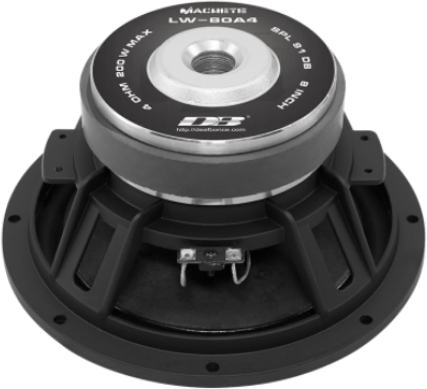 Rear view of a single Deaf Bonce LW-80A4 mid-bass speaker showing terminals