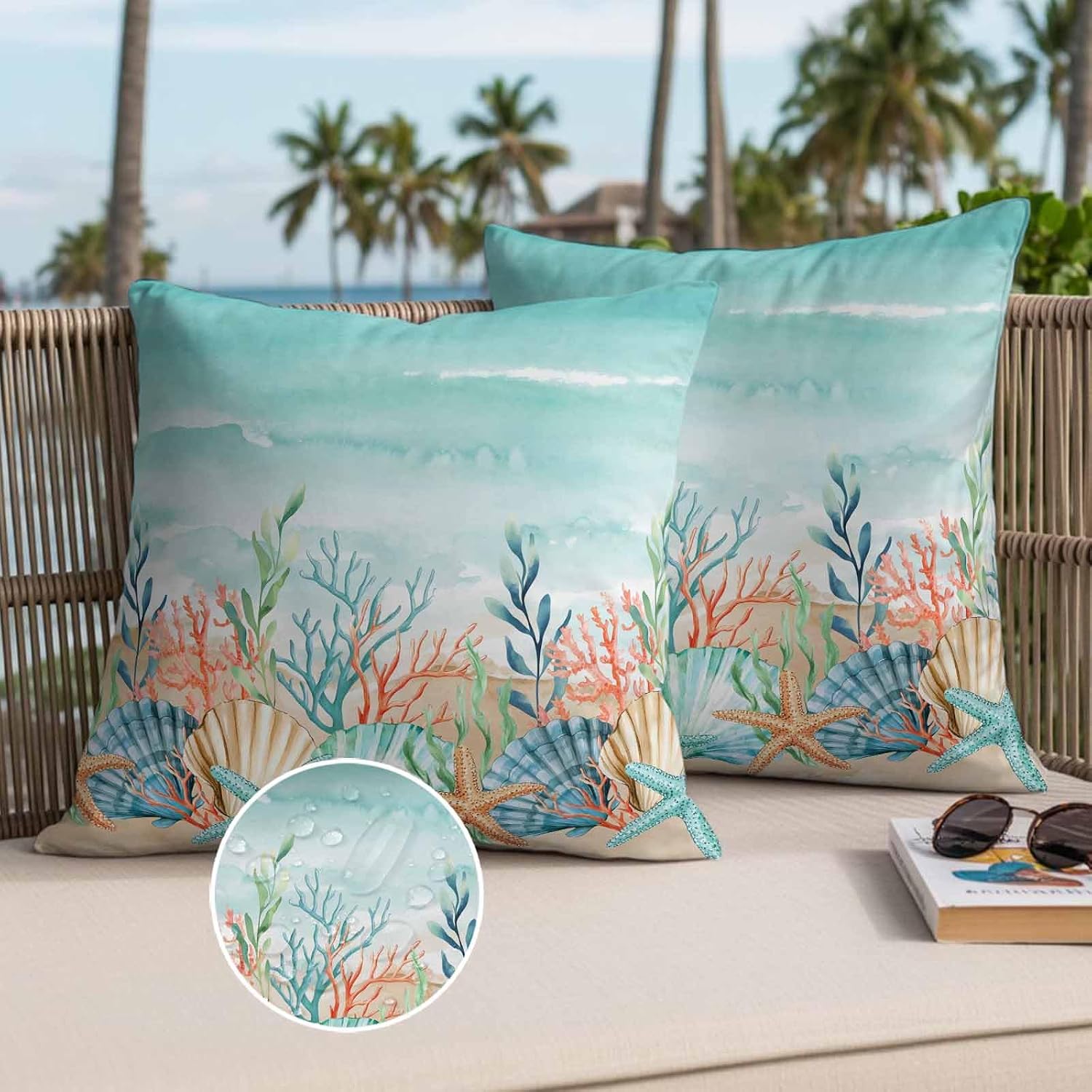 Throw Pillow Covers 18x18 Inch Set of 2, Coastal Beach Waterproof Outdoor Pillow Covers, Ocean Wave Summer Sea Starfish Coral Teal Beige Decorative Cushion Pillowcases for Couch, Sofa, Bed, Patio