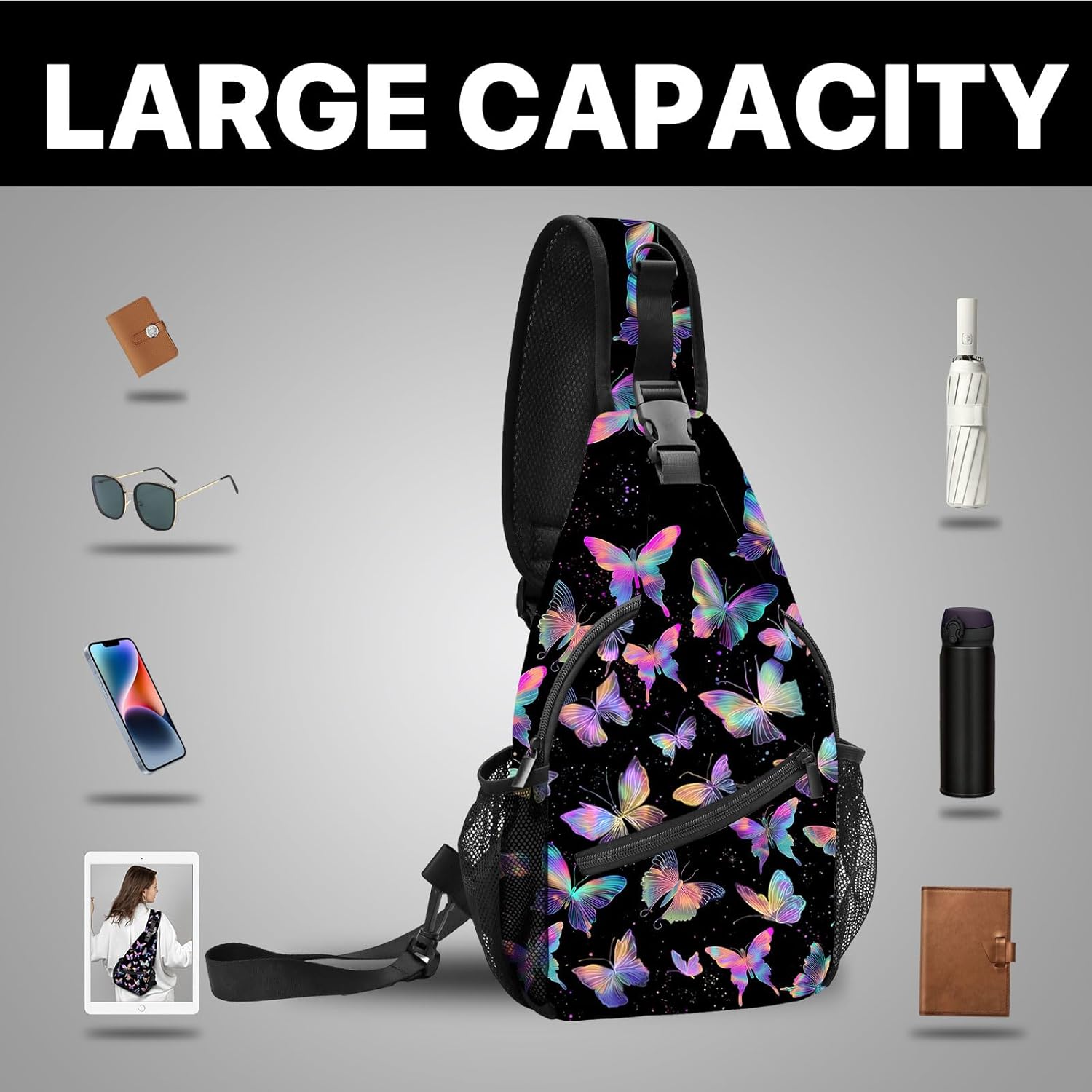 FyLybois Butterfly Sling Bag for Women Crossbody Backpack Lightweight Chest Daypack Fashion Shoulder Bags for Travel Hiking Biking - Image 4