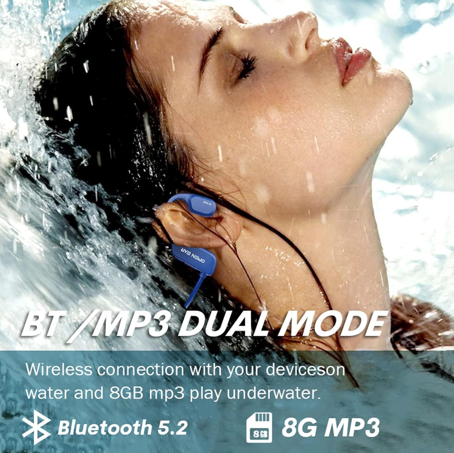 Bone Conduction Headphones Swimming Underwater IPX8 Waterproof Headphones Underwater Waterproof Earbuds for Swimming Swim Headphones Bluetooth Bone Conduction Head Set MP3 Player with 8G Memory