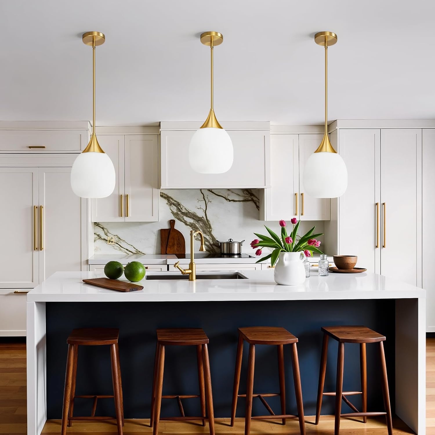 Kitchen Island Pendant Light: Mid Century Brushed Gold Hanging Light Fixtures with Milky Glass Globe - 10 Inch Farmhouse Chandeliers Ceiling Lighting for Dining Room