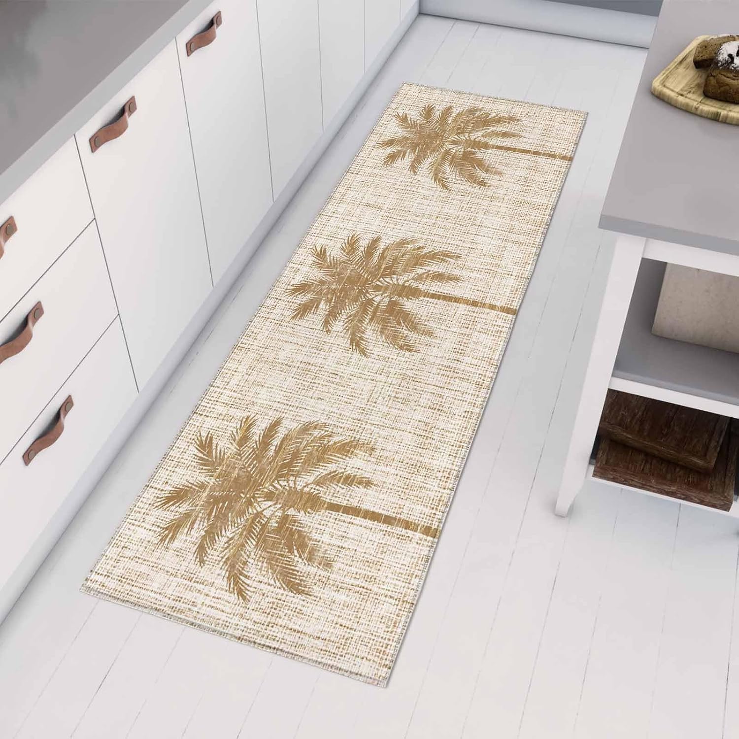 Kitchen Mats for Floor Summer Tropical Coconut Tree Washable Non Slip Kitchen Rugs 1PCS, Farm Plant Retro Linen Texture Absorbent Standing Mats for Sink Bathroom Office Living Room 23.6x70.9in
