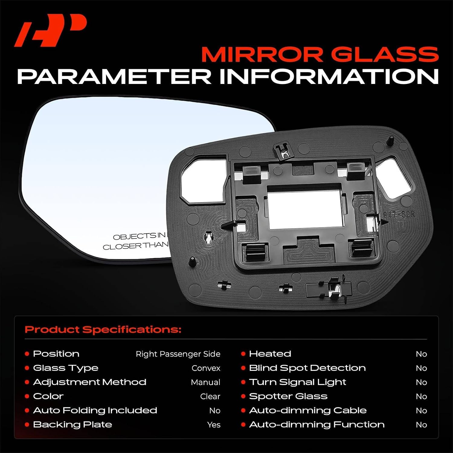 A-Premium Right Passenger Side Manual Non-Heated Mirror Glass with Backing Plate - Compatible with Subaru Impreza 2015-2016, Crosstrek 2016-2017, XV Crosstrek 2015 - Exterior Side View Convex Mirror
