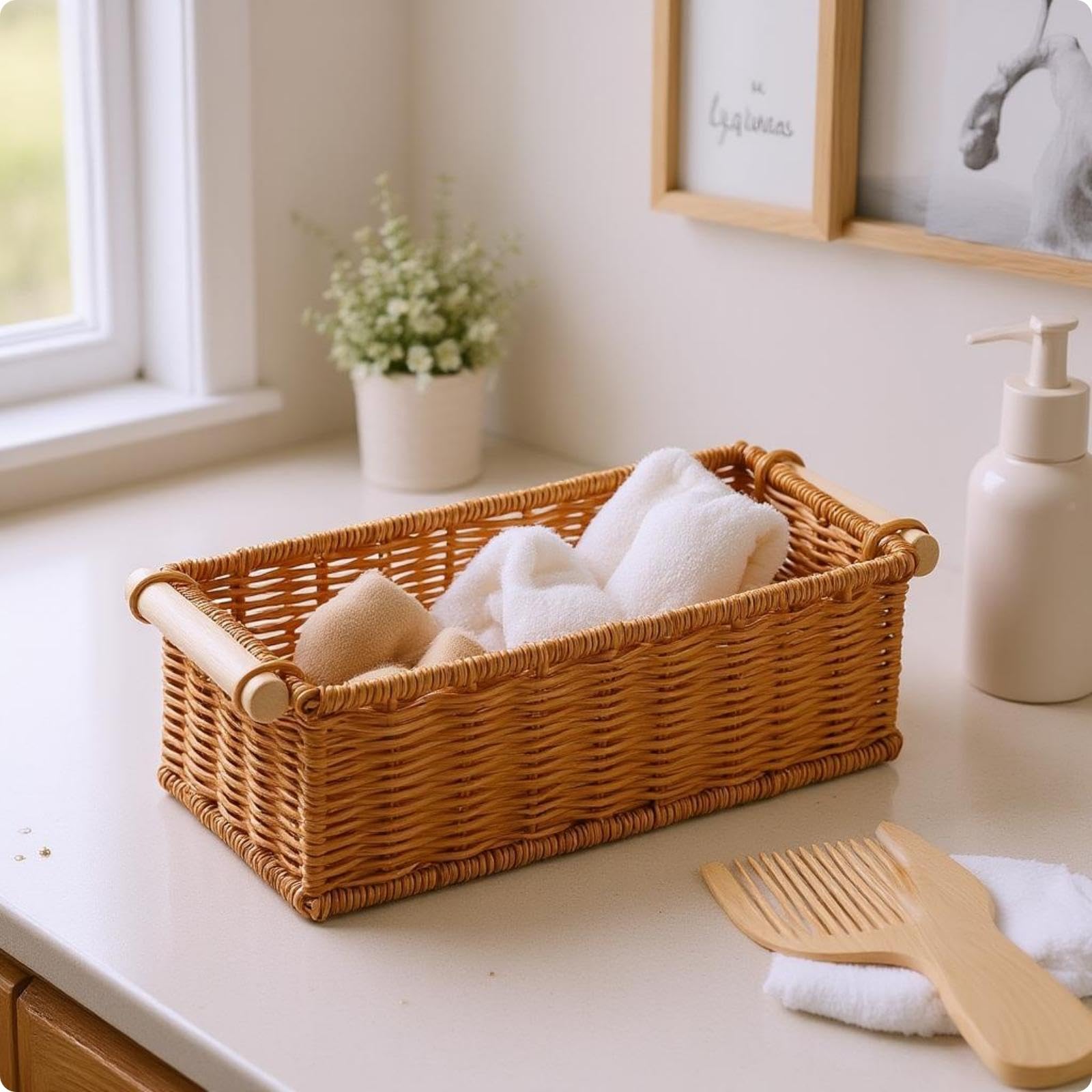 Rectangular Woven Basket Open Top Rectangular Storage Basket Iron Frame for Tabletop, Home Organization S-image-49