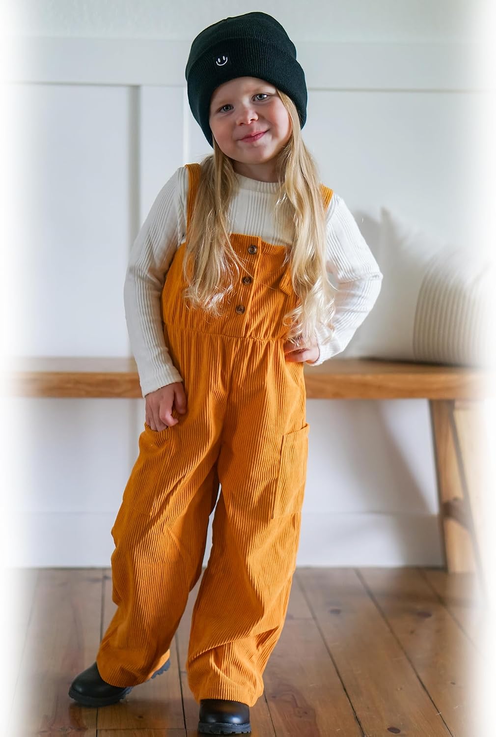 HINTINA Toddler Girl Cloth Long Sleeve Tee Corduroy Button Down Pinafore Overall Jumpsuit 2 Pieces Outfits