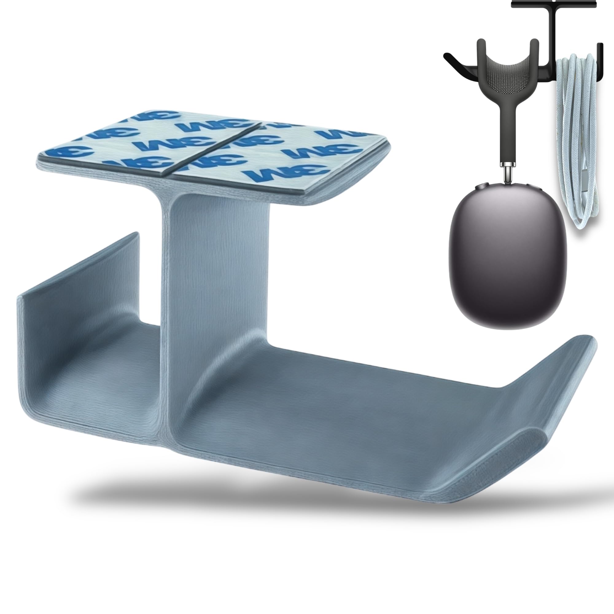 SRS® Under Desk Headphone Stand with Cable Organizer Storage Options | Headphone & Cable Hook Holder Hanger | Stick-ON Adhesive with Surface Cleaning Wipes (Silver, Pack of 1)