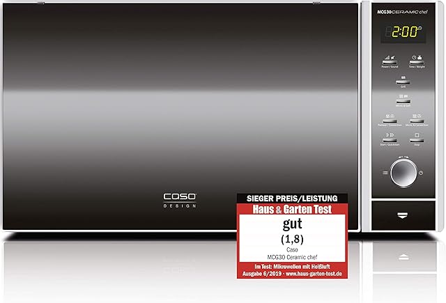 CASO | MCG30 Ceramic Chef 3 w 1 kuchenka mikrofalowa z grillem + gorące powietrze 2100 W | 30 l, ceramiczny dno, ruszt do 2 poziomów, funkcja piekarnika do 200°C, stal nierdzewna