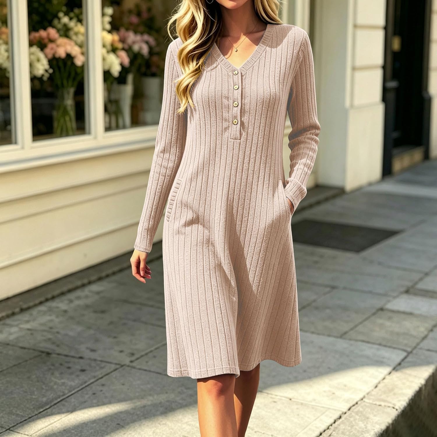 Women Rib Knit Mini Dress V Neck Long Sleeve Button Tunic Dresses