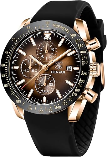 BENYAR Watches for Men Chronograph Analogue Quartz Movement Wrist Watch Fashion Business Sports Watch 30M Waterproof Scratchproof Stylish Elegant Gifts for Men, Golden Brown2, Strap
