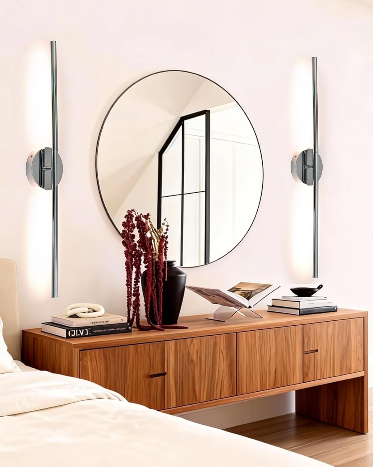 Wireless Wall Sconces Set of 2 ，28Inch Battery Operated Wall Lights with Remote Control，360°Rotate Dimmable led Wall Lamp for Living Room and Hallway (Chrome)