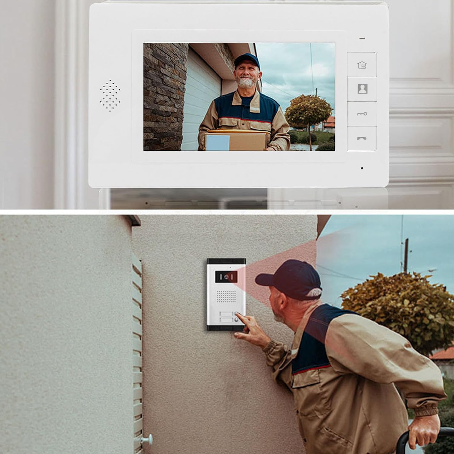 A person pressing the doorbell button on the outdoor unit, and the indoor monitor displaying the visitor.
