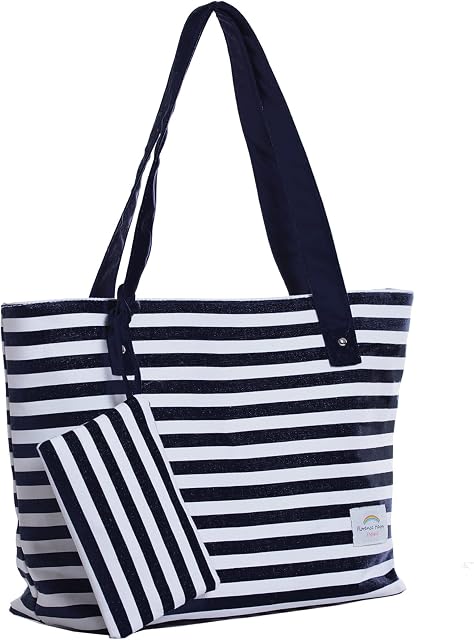 Stripe Floral Canvas Waterproof Tote Shoulder Everyday Bag Holiday Beach Free Purse Large Shopping Shopper