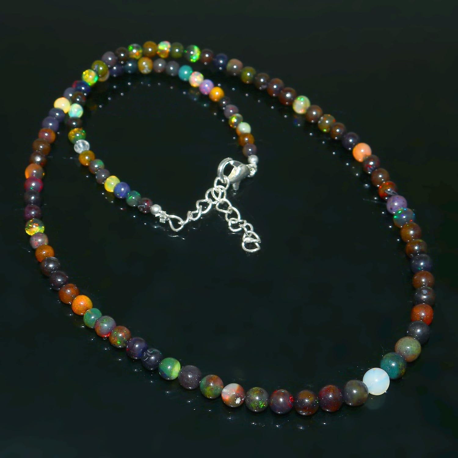 Natural Black Fire Opal Beaded Strand Necklace 925 Silver Lobster Clasp Handmade for Man/Woman