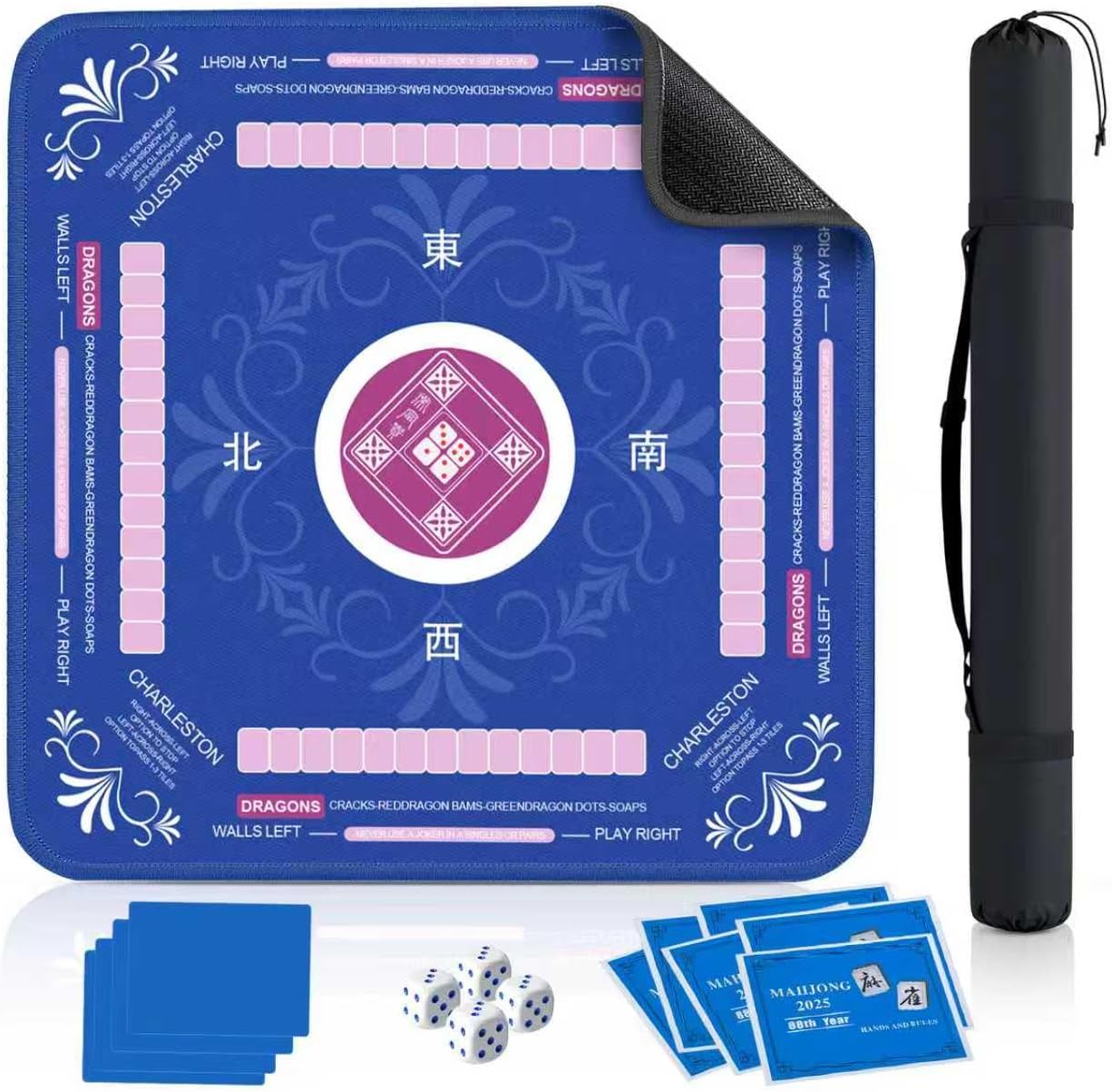 Mahjong Mat (33x33) with 6 Mahjong Playing Instructions,4Tile Mixer,4Dice & Carrying Bag,Non-Slip and Silent Travel Mahjong Set for Mahjong/Poker/Board Games/Card Games/Dominoes (Blue-1)