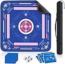 Mahjong Mat (33"x33") with 6 Mahjong Playing Instructions,4Tile Mixer,4Dice & Carrying Bag,Non-Slip and Silent Travel Mahjong Set for Mahjong/Poker/Board Games/Card Games/Dominoes (Blue-1)