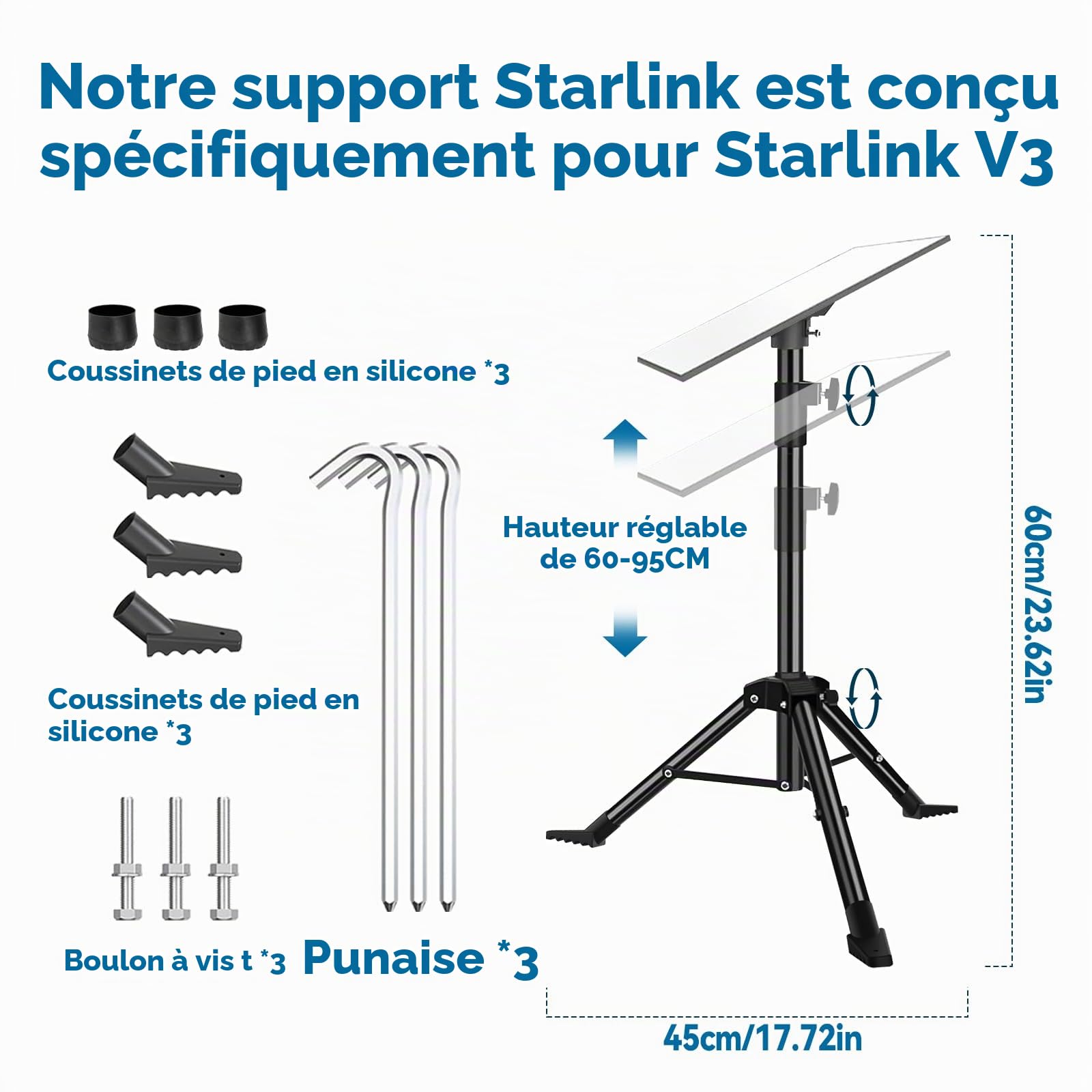 Starlink Mount Gen 3 Trépied Kit de montage portable Starlink pour Starlink Gen 3 avec tige télescopique de 60 à 95 cm et adaptateur de tuyau pour support Starlink Gen 3 pour camping, camping-car,