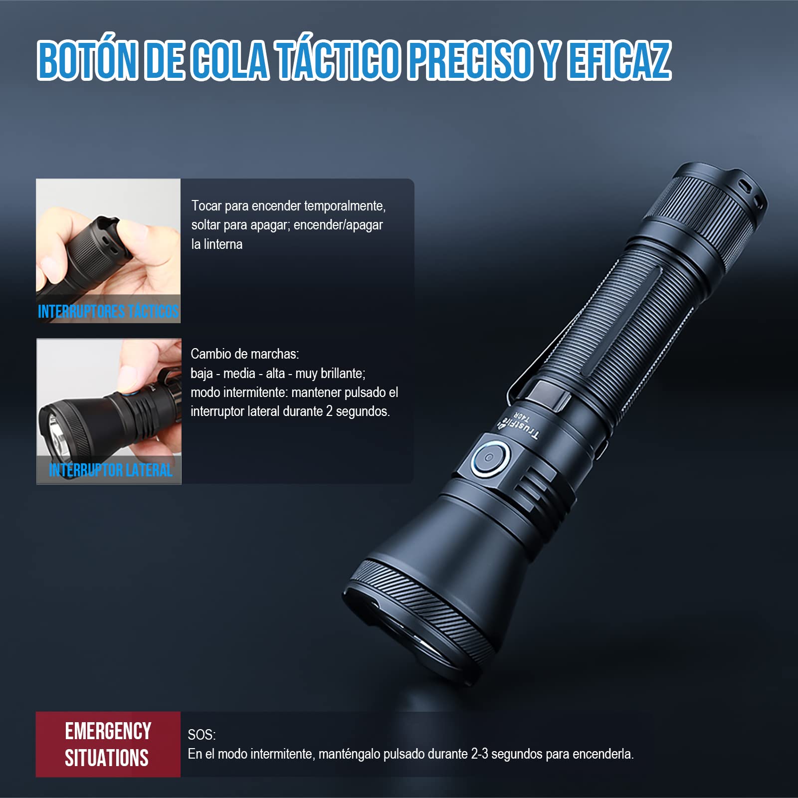 TrustFire Linternas Led Alta Potencia 1800 Lúmenes, T40R Linterna LED Recargable USB Táctica Militar, IP68, 550 Metros Linterna Caza Largo Alcance, Para Caza Búsqueda Rescate Emergencia Camping
