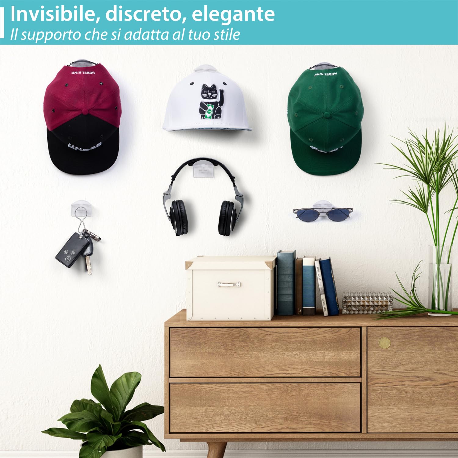 12 Portacappelli Adesivi Invisibili, Ganci A Muro Per Cappelli Baseball, Sciarpe E Asciugamani, Senza Trapano, Carico 1,3kg, Trasparenti