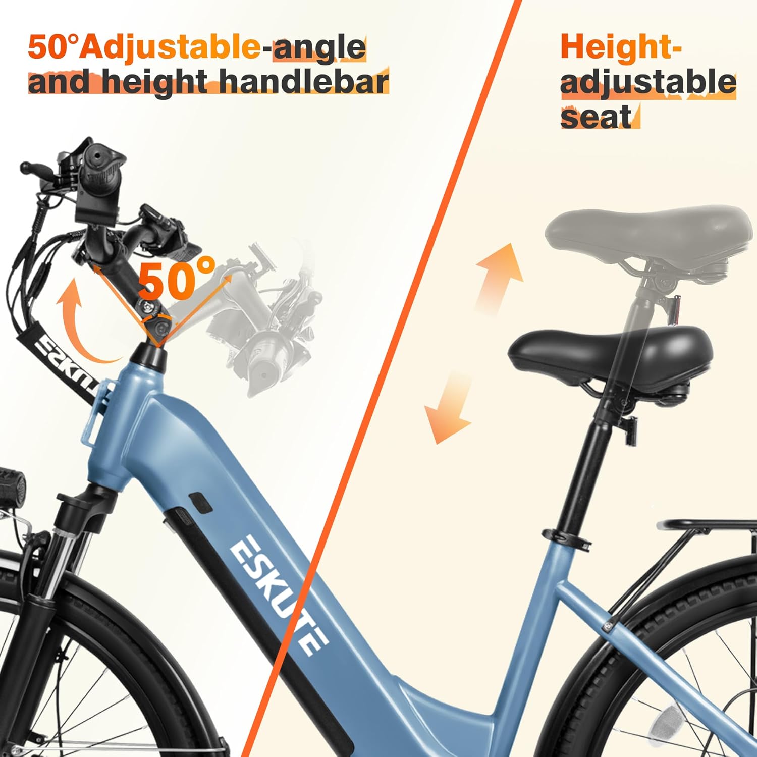 ESKUTE Electric Bike for Adults-1300w Peak Ebike, 28MPH Step Thru Electric Bicycle，70Miles 840 WH Removable Battery e-Bike, 7-Speed 26'' tire, Adjustable Stem,