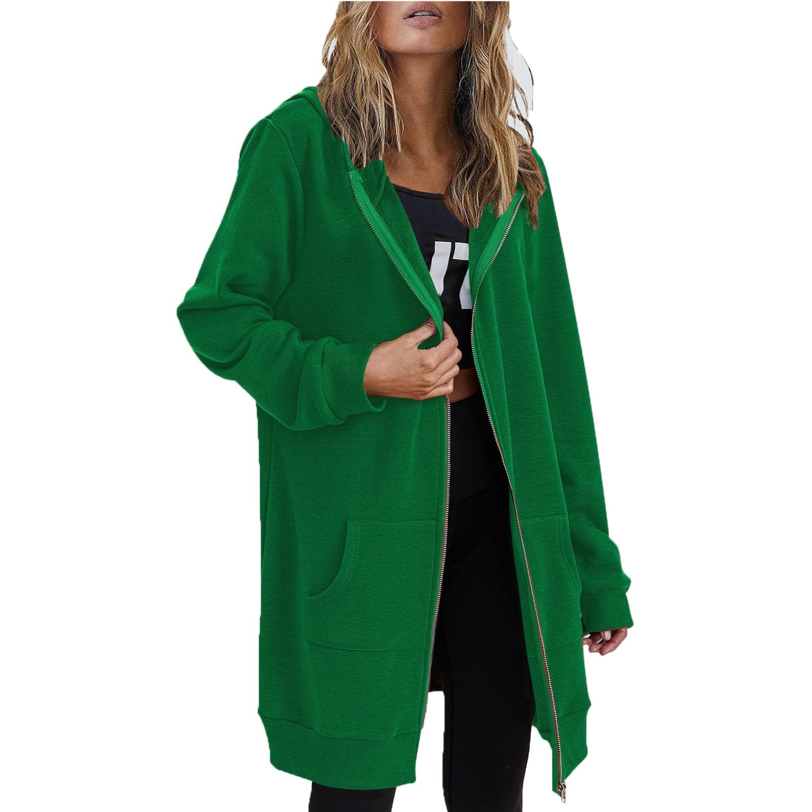Womens Zip Up Hoodies Long Sleeve Hooded Lightweight Sweatshirt Oversized Fleece Jacket With Pockets Fall Clothes