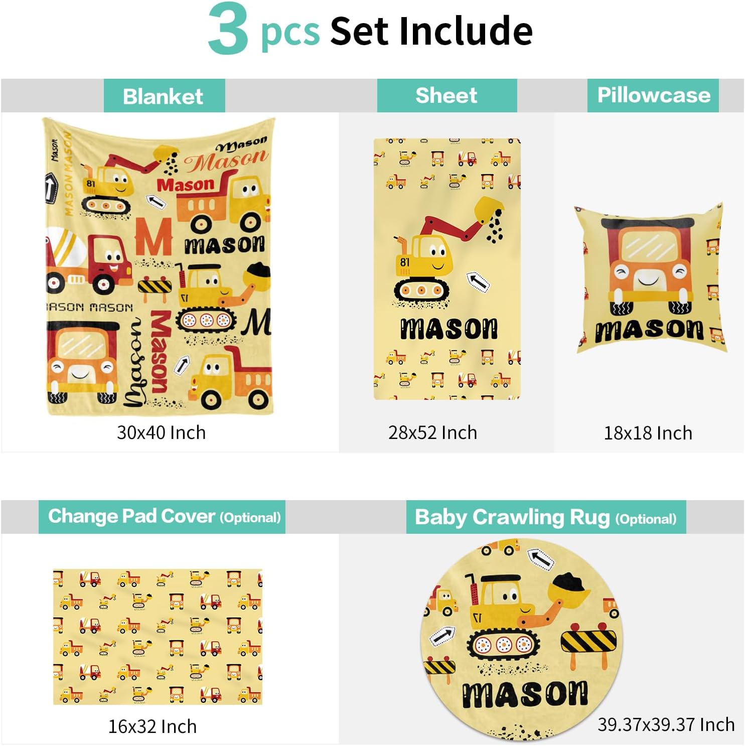 Custom Baby Crib Bedding Set 3 Piece - Personalized Name with Vehicles Design - Soft Chic Blanket, Crib Sheet, Pillowcase for Newborns Boys Girls Nursery Gifts Color17-Construction Cars