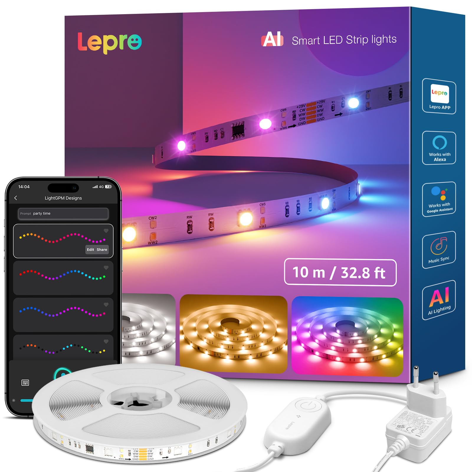 Lepro S2 Striscia LED RGBIC 10M Smart WiFi Bluetooth | RGB e luce bianca regolabile, Bluetooth, controllo vocale e scene personalizzate per ogni ambiente