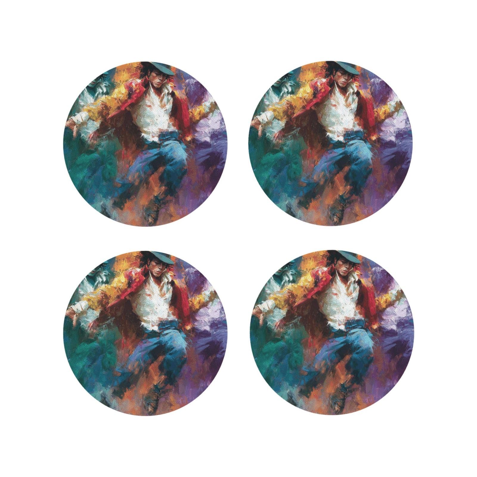 Coasters Set of 4 Round Leather Coaster Quick-Dry Drink Michael Jackson Coasters for Desk Absorbent Mugs Pads Tabletop Protection Pad Heat Resistant Coffee Cup Mat for Kitchen Bar