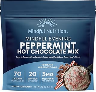 Mindful Evening Peppermint Cocoa Mix Natural Sleep Aid, Melatonin 3mg, L-Theanine, GABA Supplements, Natural Calm Sleep Support Stress Relief Calm Sleepy Cocoa Nighttime Peppermint Hot Chocolate
