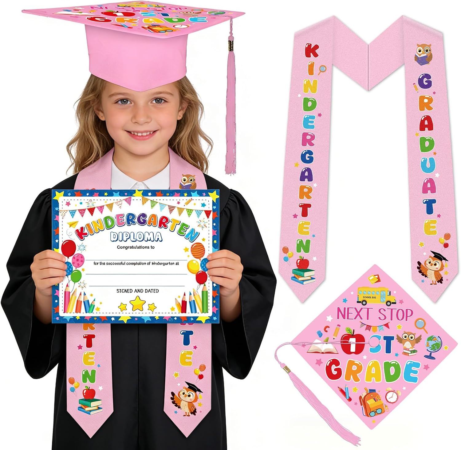 Kindergarten Graduation Sash and Diploma, Kindergarten Pink Stole Certificates and DIY Graduation Cap Set, Colorful Congrats Grad Gifts for Kinder Graduates