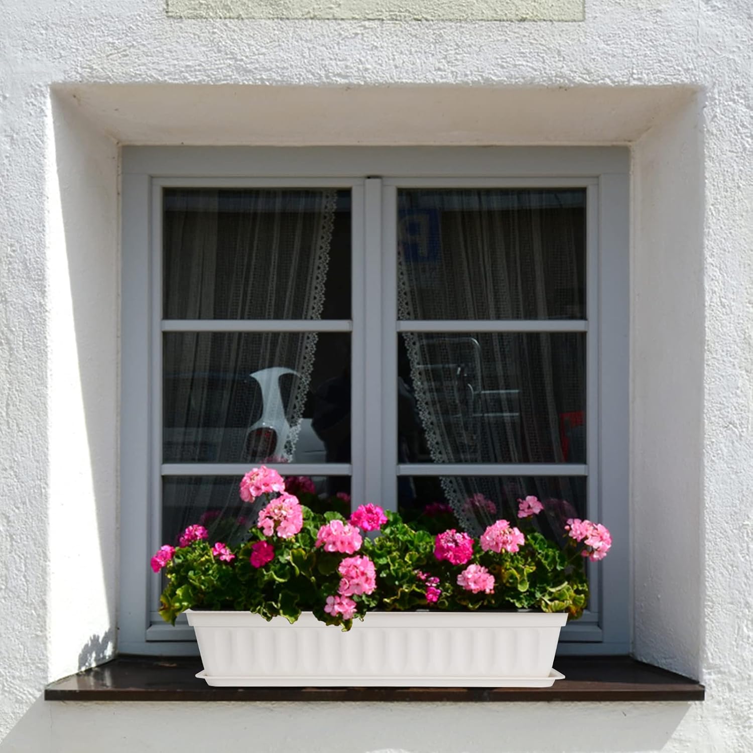 HOXHA 6 Pack Window Box Planter, 17 Inches Vegetable Flower Plastic Planter Boxes with Tray, Rectangular Planter Indoor and Outdoor Flower Pots for Windowsill, Patio, Porch, Garden Balcony, White