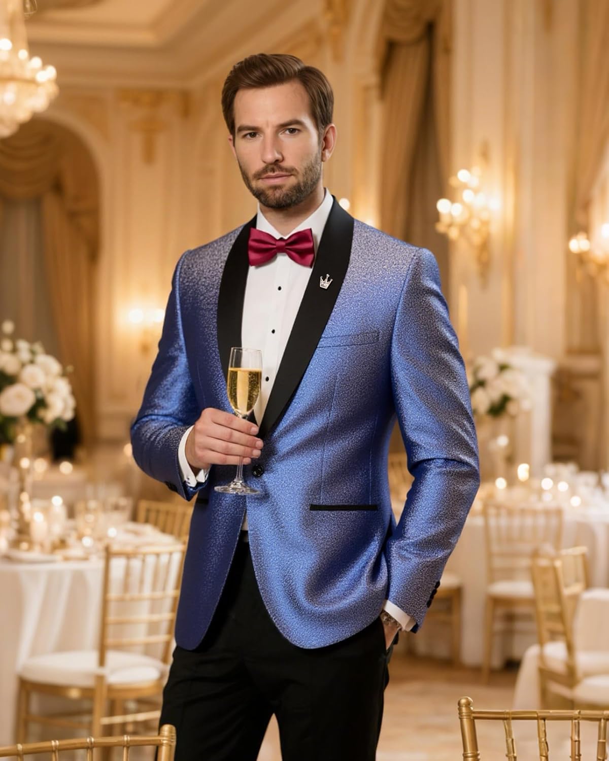 YND Men's Shiny Tuxedo Jacket, Sequin Slim Fit Blazer, One-Button Shawl Lapel Suit for Party, Prom, Wedding, Dinner - Image 2