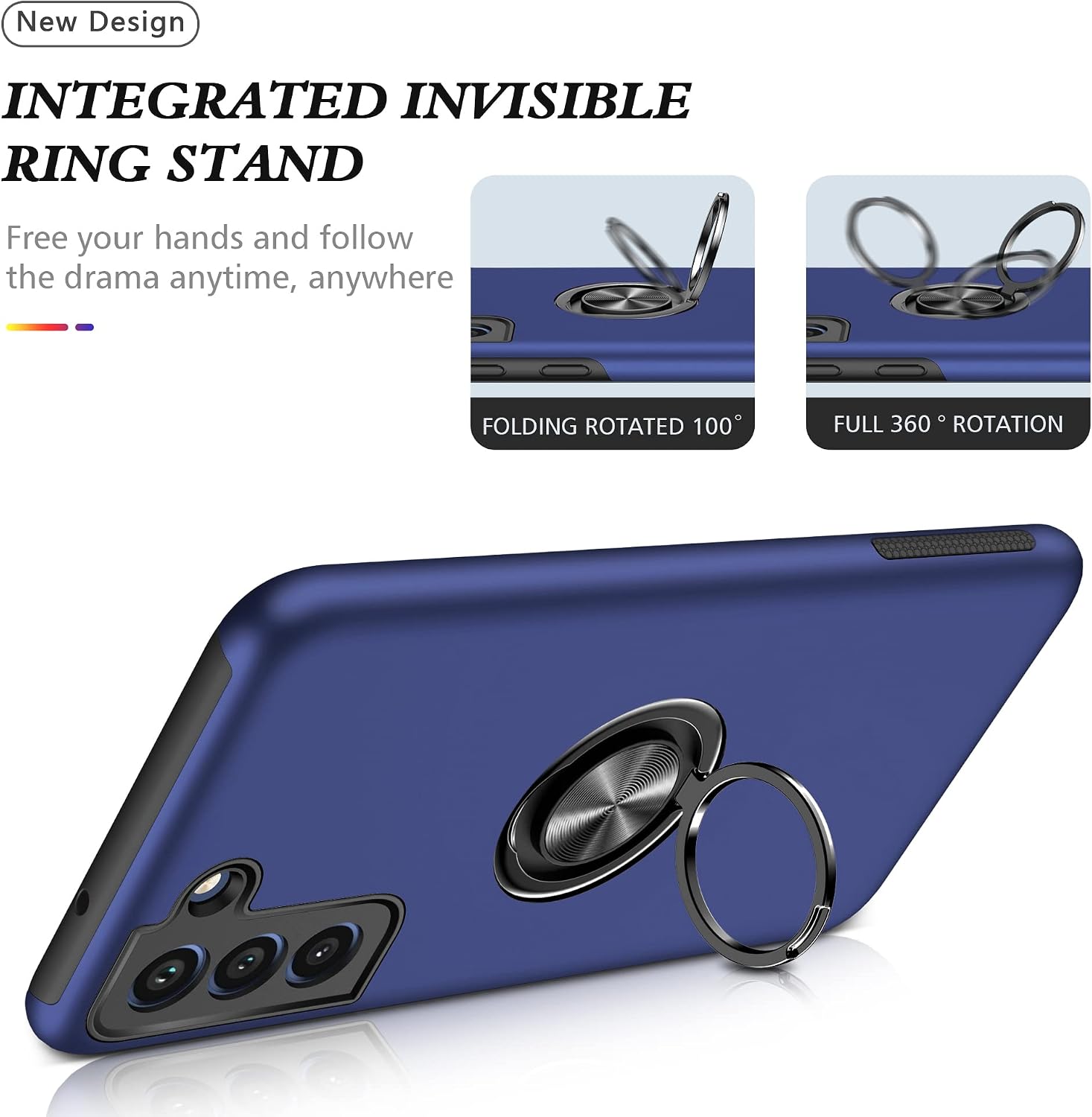 Shockproof Case for Samsung Galaxy S21 5G, [Built-in Camera Cover] Military Grade Phone Case Cover with Embedded Metal Ring Stand Kickstand [Support Magnetic Car Holder] for S21, Blue image 5