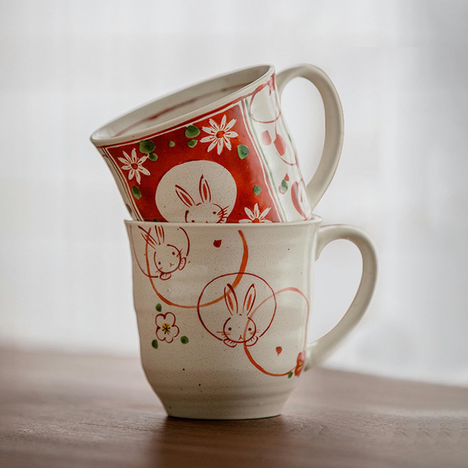 CAPIJIONG Süßes Kirschblüten-Hasen-Keramiktasse, handgezeichnetes Cartoon-Nachmittagstee-Set – Windblume, Schneehase, fünfteiliges Schüssel-Set (groß)