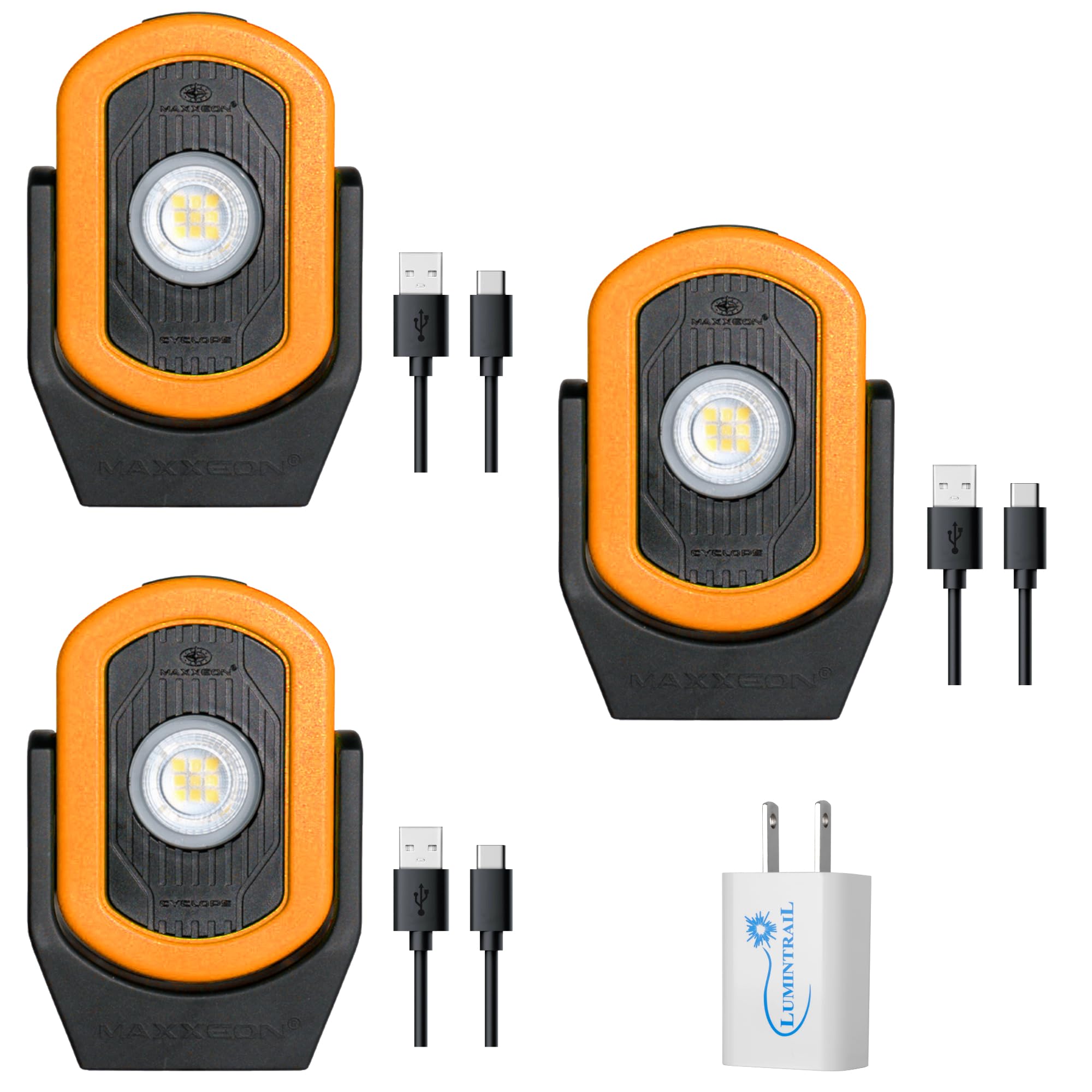 MAXXEON Cyclops 720 Lumens LED Rechargeable Work Light, Mechanic Light, Magnetic Base, 360 Degree Rotation Swivel Light, with a Lumintrail Wall Plug, MXN00813