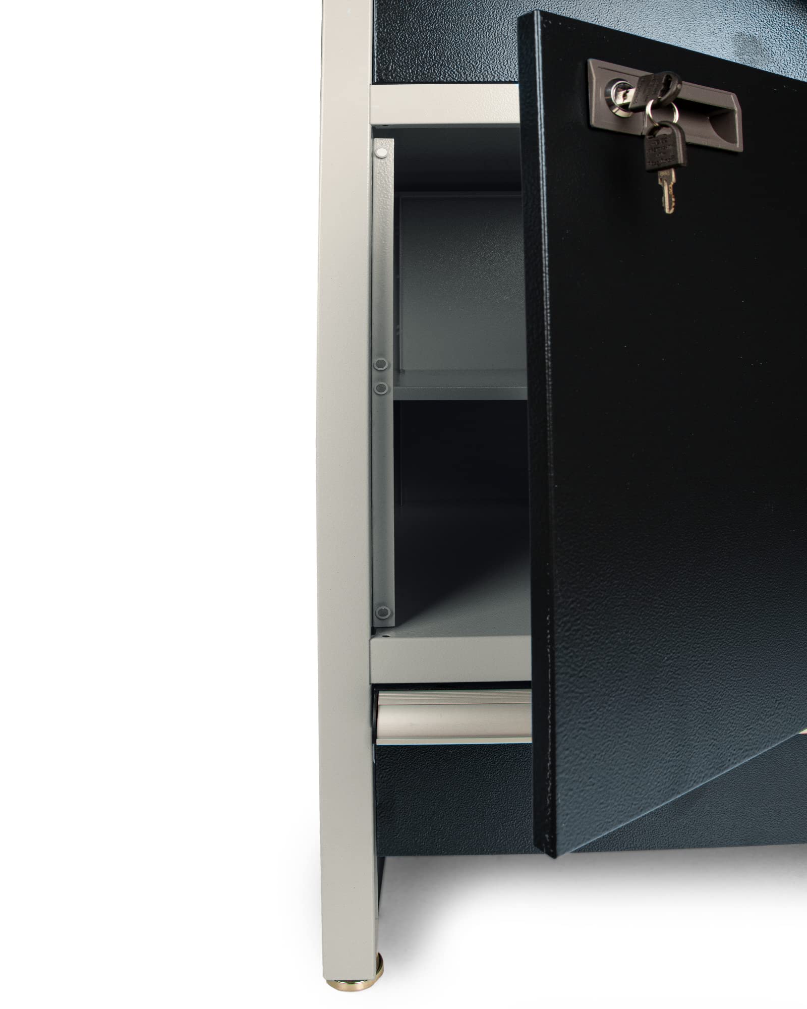 Ondis24 PRO Werkbank Finn 60cm Werktisch aus Metall mit 1 Tür 2 Schubladen und Aluminiumgriffen Schwarz Grau Arbeitshöhe 95cm wählbare Arbeitsplatte (Buche)