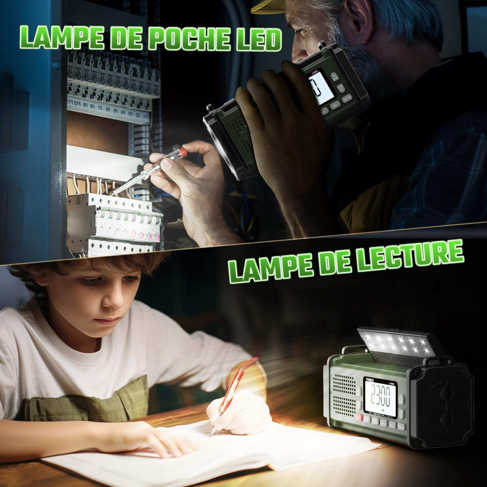 Radio Portable, PRUNUS J-924 Solaire Dynamo 10000mAh, Radio Survie avec Piles et Manivelle, Panneau Solaire, Réveil, Chargeur USB-C, Lampe de Poche et Lecture, Alarme SOS d'urgence