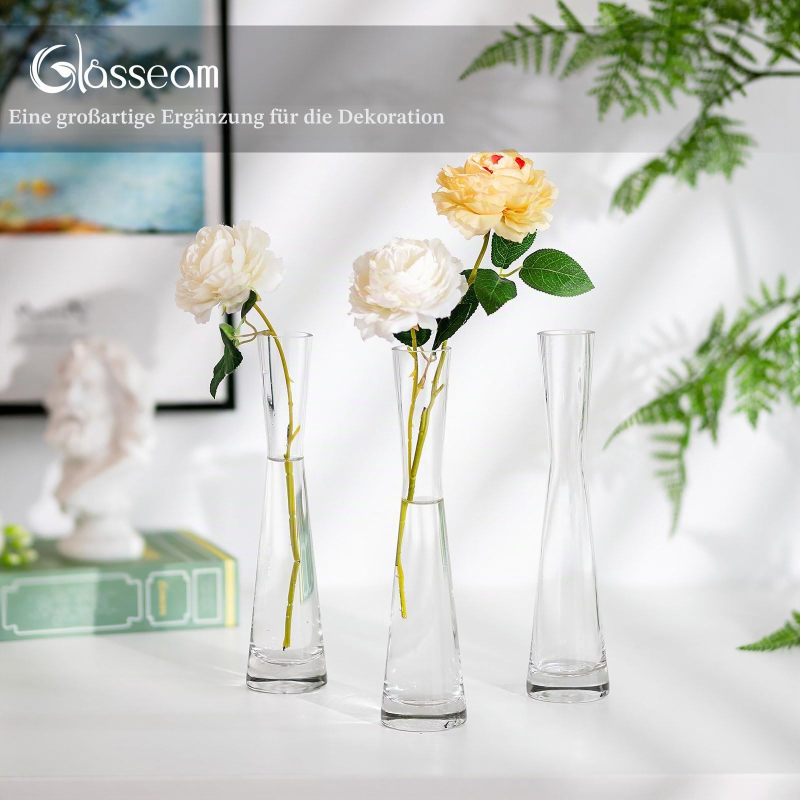 Glasseam Glasvase Set für Tafelaufsätze Tischdeko, 18er Klar Vase Glas | 20cm H, Handmade Blumenvase Modern, Schmale Vasen Deko für Blumen Pflanzen Rose Tulpen, Hochzeit, Party, Home, Wohnzimmer